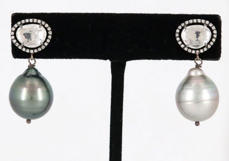 Estate 18kt, Pearl, Sapphire, Diamond Earrings