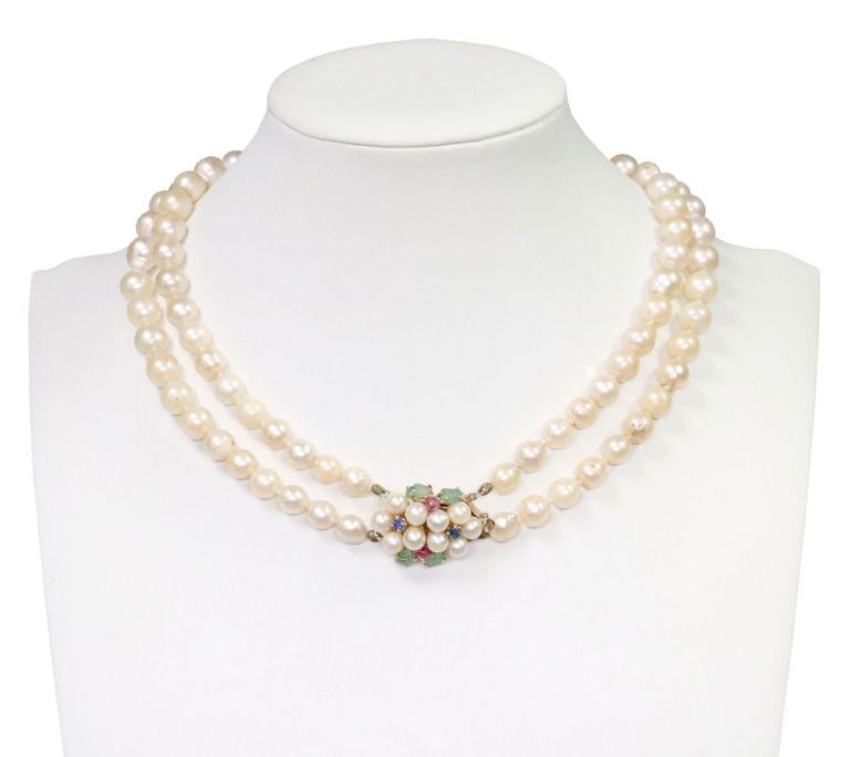 Estate Tutti Fruitti 14kt & Gemset Clasp & Pearls