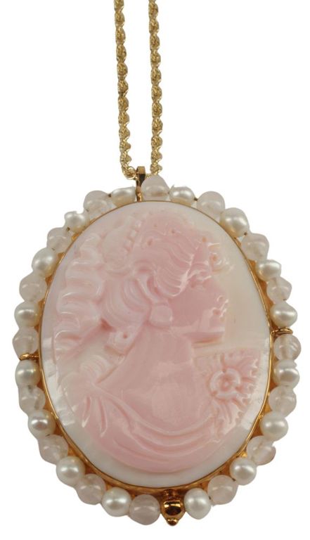 Estate Italian 14kt Cameo & Pearl Pendant on Chain