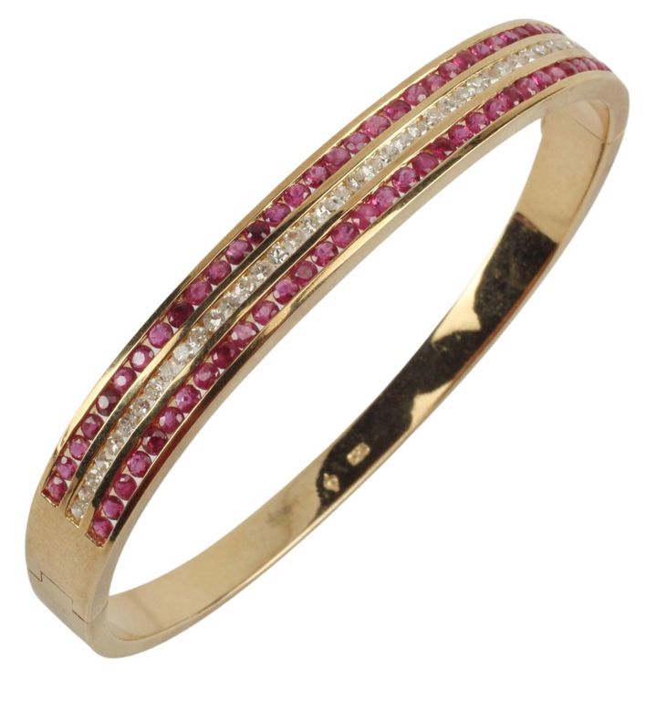 Estate 14k Channel Set Diamond Ruby Hinged Bangle