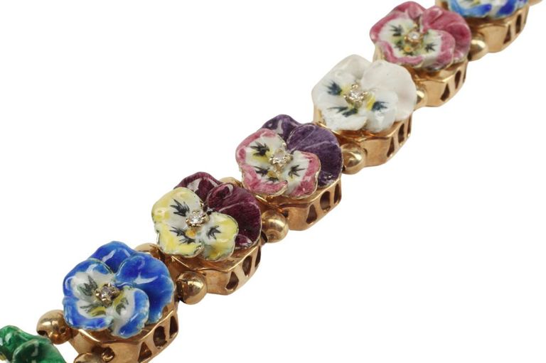 Estate 14kt Diamond & Enamel Pansy Slide Bracelet
