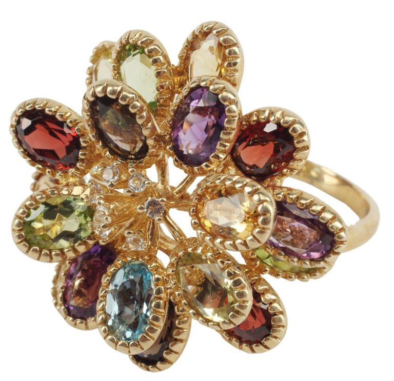 Estate 10k Diamond & Multi-Gemstone Floriform Ring