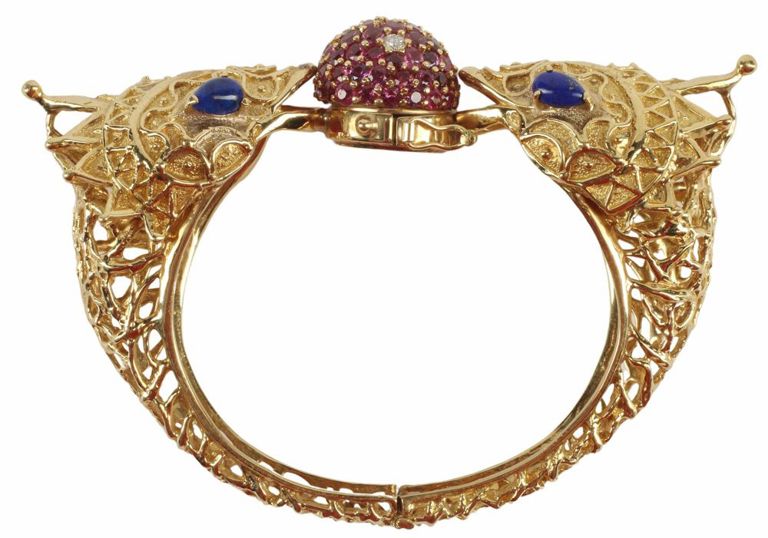 Estate 18kt Diamond Ruby & Lapis Figural Bangle