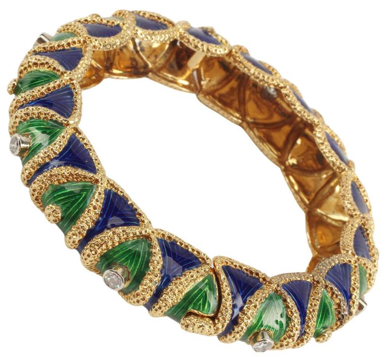 Estate 18kt Gold Enamel & Diamond Bangle