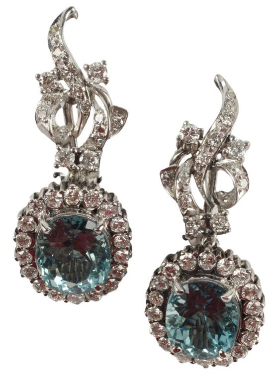 Estate Plat Aquamarine Diamond Earrings