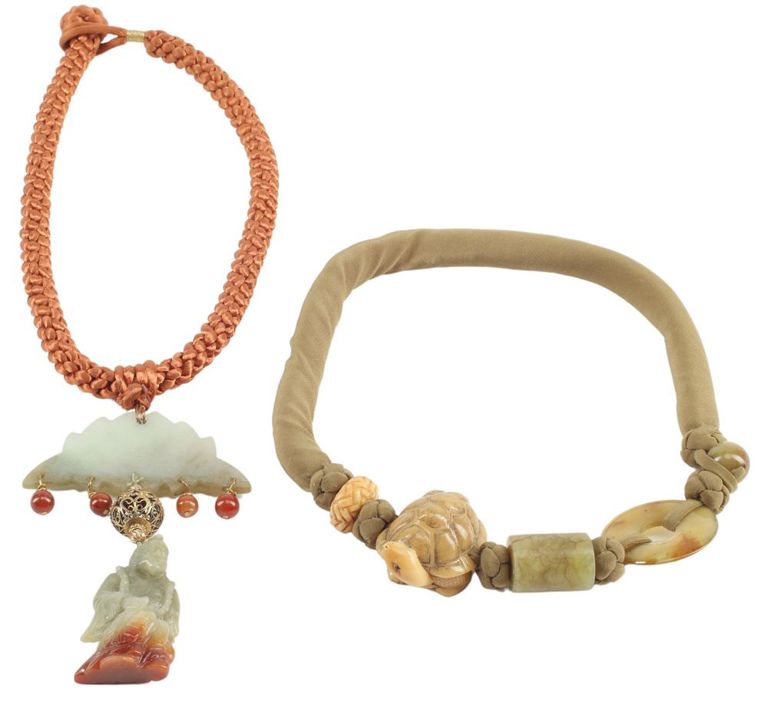 Estate Carved Jade & Cord Pendant Necklaces