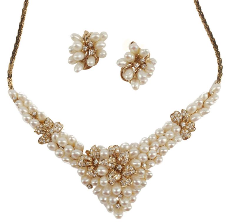 Estate 14kt Diamond Pearl Necklace & Earrings