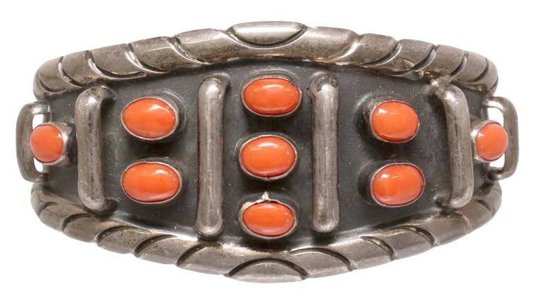 Native American Silver & Red Coral Cuff Bracelet