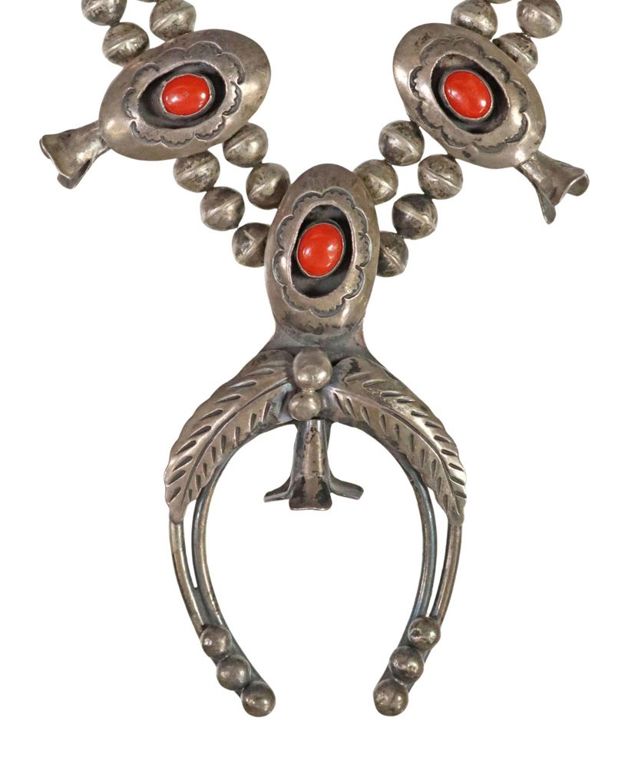 Native American Red Coral Squash Blossom Necklace