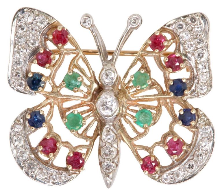 Estate 14k Diamond & Gem Butterfly Pendant Brooch