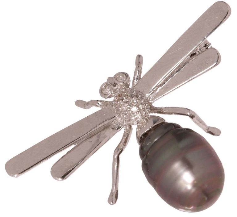 Estate 14kt White Gold, Diamond & Pearl Insect Pin
