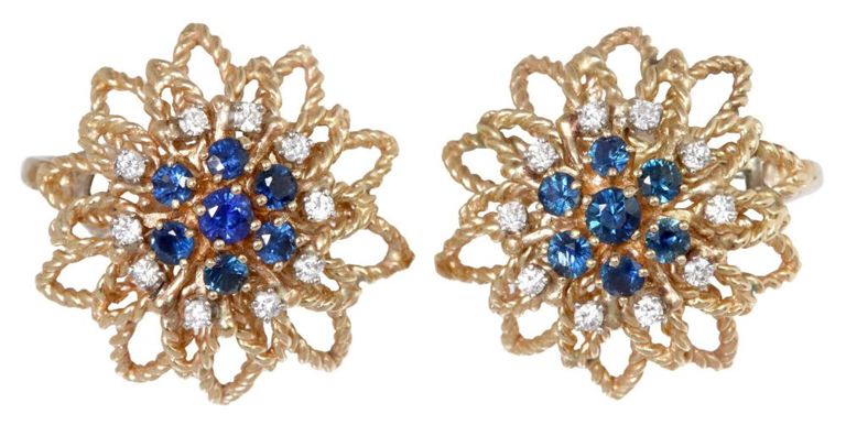 Estate 14k Gold Sapphire & Diamond Flower Earrings