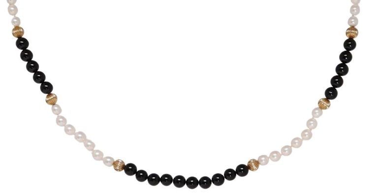 Estate Pearl & Onyx Beaded Necklace 14kt Clasp