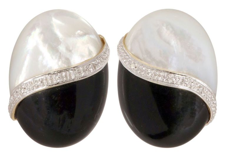 Estate 14k Yellow Gold Onyx Mop & Diamond Earrings