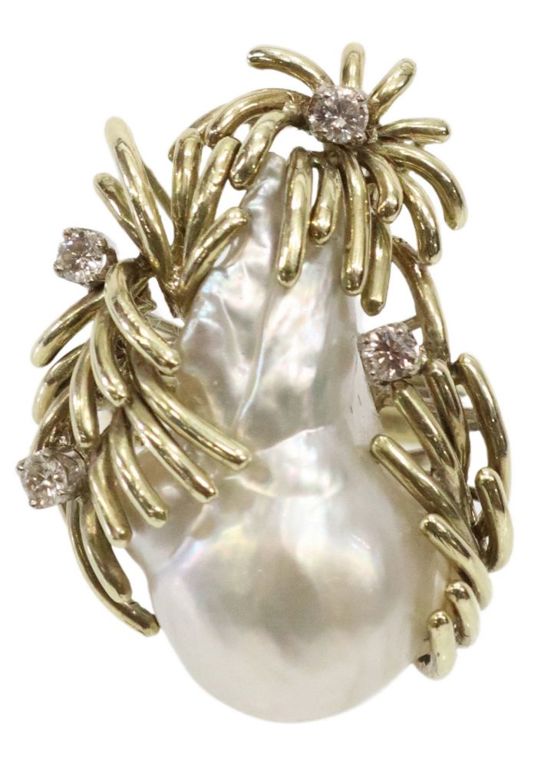 Estate 14kt Yg Baroque Pearl & Diamomd Ring