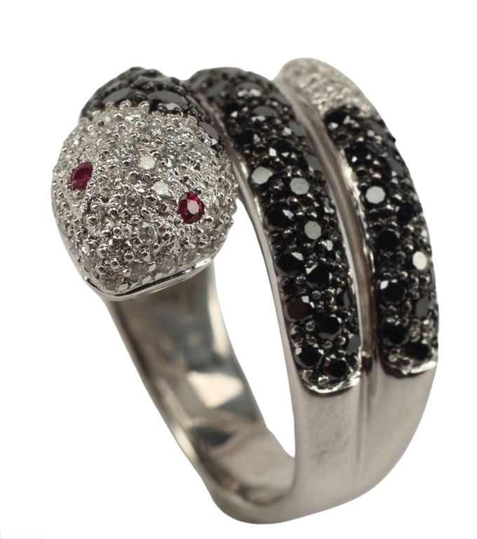 Estate 14kt White Gold Black & White Diamond Snake-form Ring