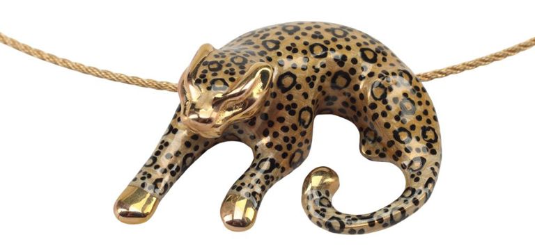 Estate 14kt Yellow Gold Enameled Leopard Pendant Necklace