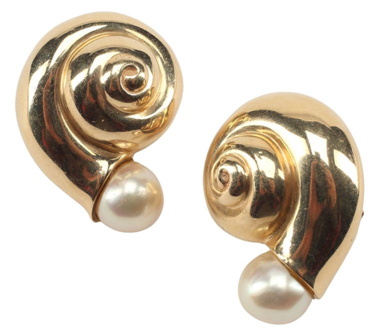Estate 14kt Yellow Gold & Pearl Nautilus-form Earrings