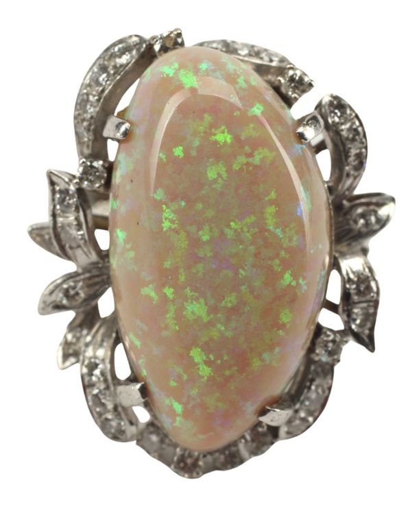 Estate 14kt White Gold Freeform Opal & Diamond Ring