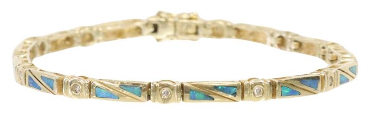 Estate 14kt Yellow Gold Opal & Diamond Link Bracelet