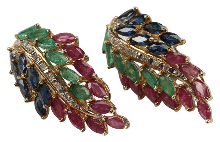 Estate 14kt Gold Sapphire, Emerald, Ruby & Diamond Earrings