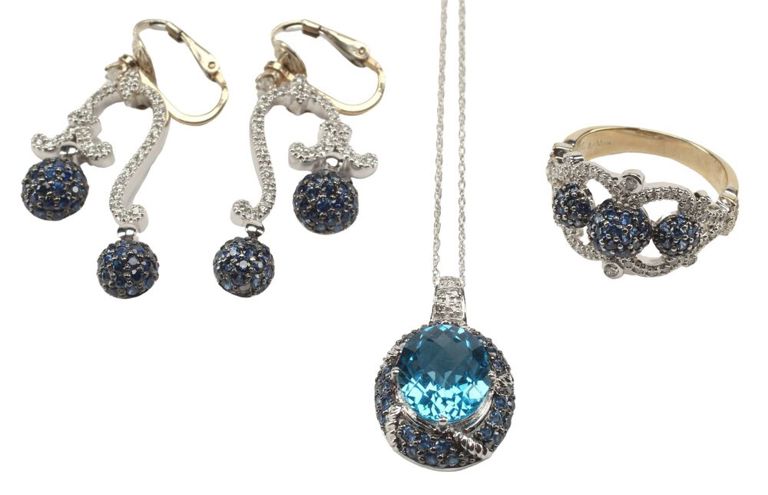 Estate Le Vian 18kt Gold Diamond & Blue Sapphire Ring & Earrings