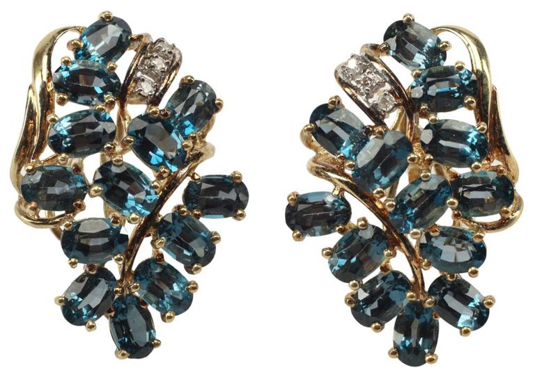 Estate 14kt Yellow Gold London Blue Topaz & Diamond Earrings