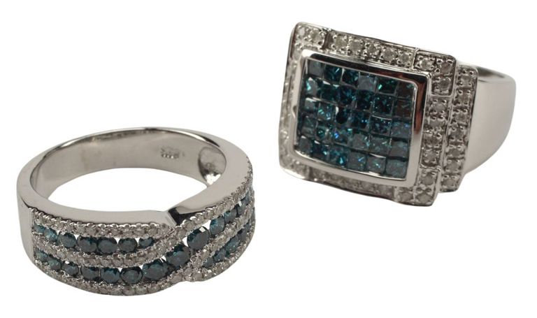 Estate 14kt White Gold White & Irradiated Blue Diamond Rings