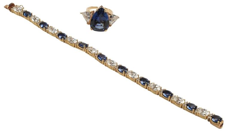 Estate 14kt Gold Synthetic Sapphire Cocktail Ring & Line Bracelet