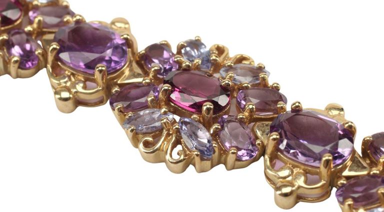 Estate Designer Clyde Duneier 10kt Gold Amethyst & Rhodolite Bracelet