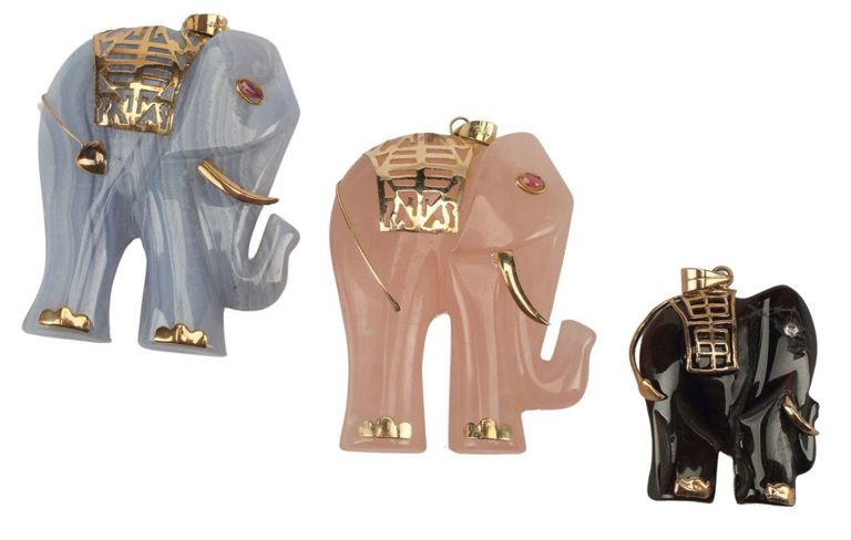 Estate 14kt Gold & Carved Gemstone Elephant Pendants