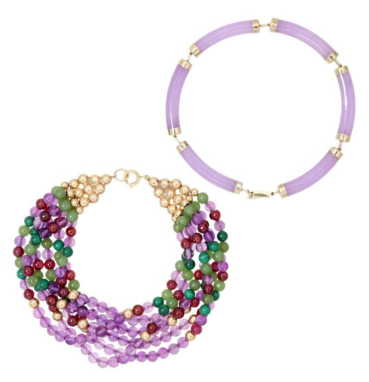 Estate 14kt Lavender Jade Link & Stone Beaded Bracelets