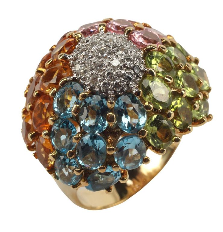 Estate 14kt Gold Diamond & Multi-color Gemstone Domed Cocktail Ring