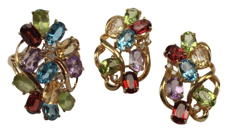 Estate 14kt Gold Diamond & Multi-color Gemstone Ring & Earrings