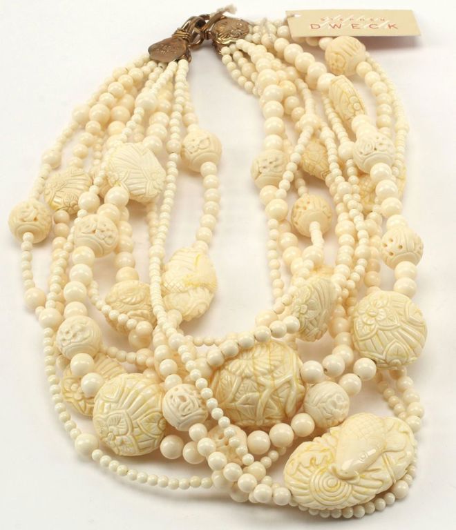 Designer Stephen Dweck Carved Bone Beaded Multi-Strand Necklace
