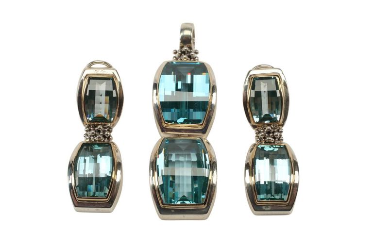 Designer Michael Dawkins Sterling Fancy Cut Topaz Pendant & Earrings
