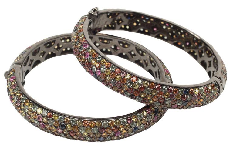 Designer Samaya Sterling & Mixed Sapphires Hinged Bangles