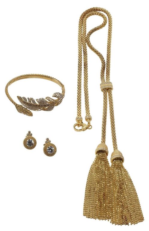 Estate Designer Judith Ripka Gold Vermeil & Cz Lariat Necklace, Cuff & Earrings
