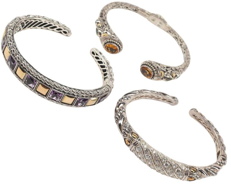 Estate Sterling Silver & 14kt Yellow Gold Hinged Cuff Bracelets