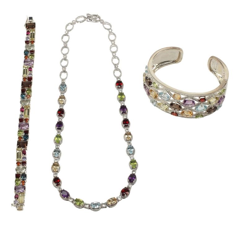 Estate Sterling Silver & Multi-Color Gemstone Necklace & Bracelets