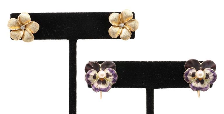 Estate 14kt Diamond Plumeria & Enameled Pansy Earrings