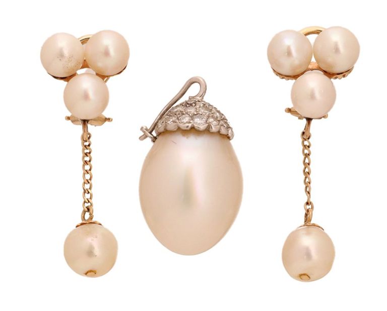 Estate 14kt Gold & Pearl Earrings & Diamond & Pearl Pendant