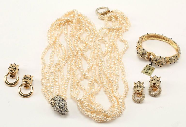 Vintage Gold-Tone Metal & Crystal Leopard Motif Jewelry