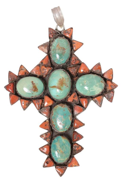 Large Southwest Style Sterling Turquoise & Coral Cross Pendant