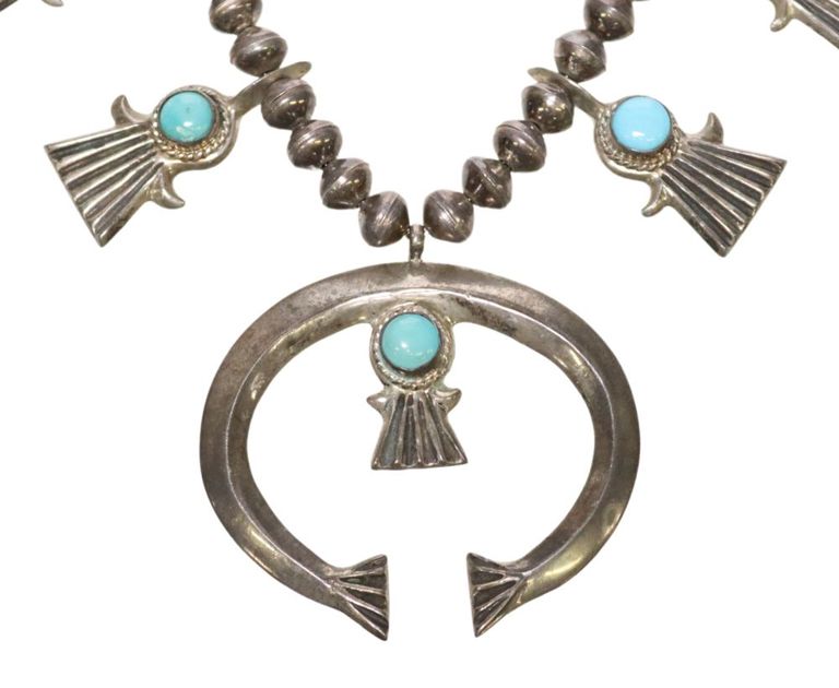 Native American Silver & Turquoise Squash Blossom Necklace