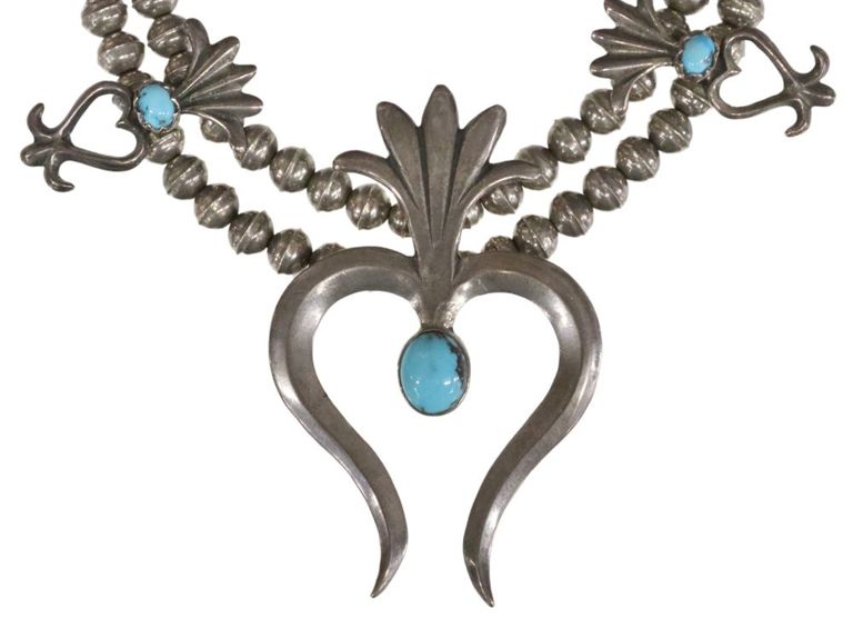 Native American Silver & Turquoise Squash Blossom Necklace