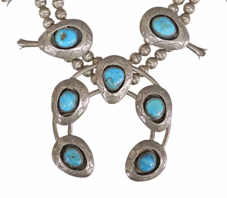Native American Silver Shadow Box Squash Blossom Necklace