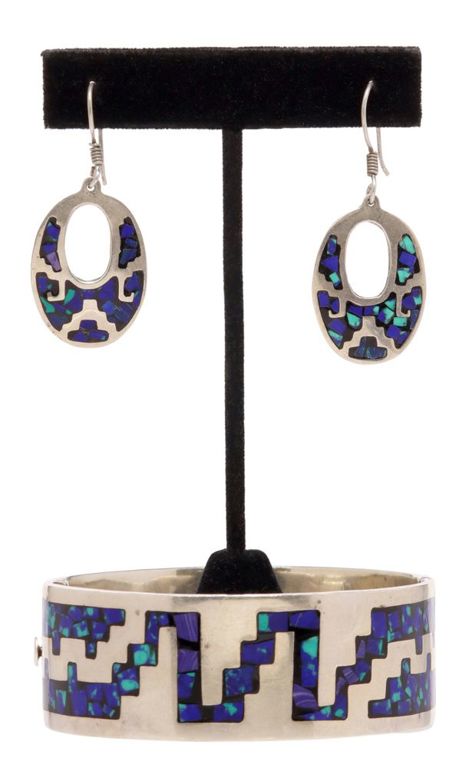 Taxco Mexico Inlaid Sterling Hinged Wide Bangle & Earrings