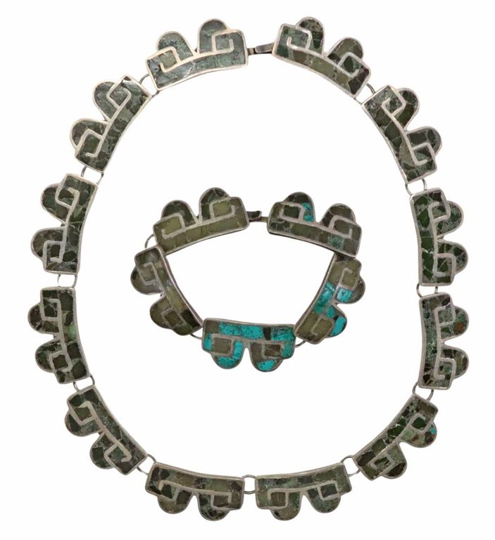 Stone-inlaid Sterling Necklace & Bracelet, Taxco, Mexico