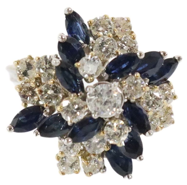 Estate 14kt White Gold Blue Sapphire & Diamond Cluster Ring
